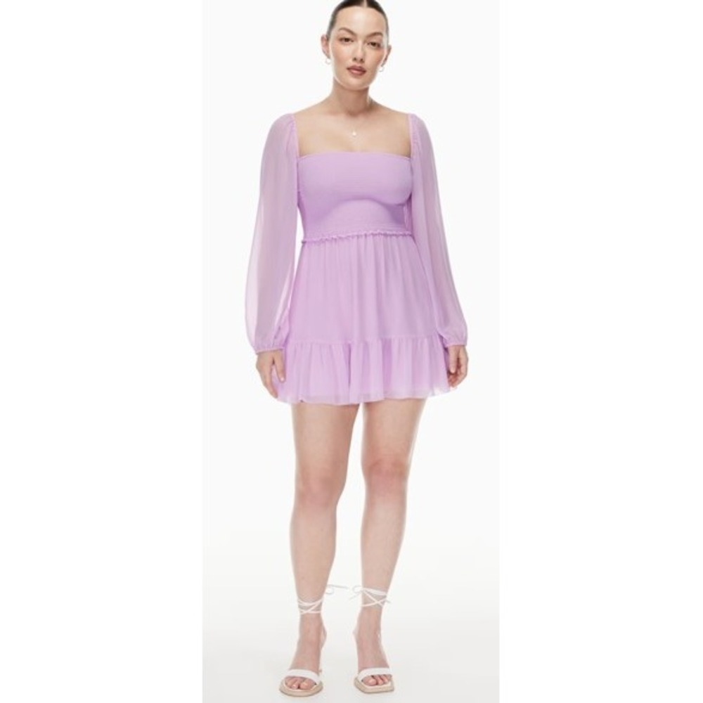 Wilfred Mini Dress Tempest XS Orchid Smocked Long Sleeve Chiffon Purple NWT